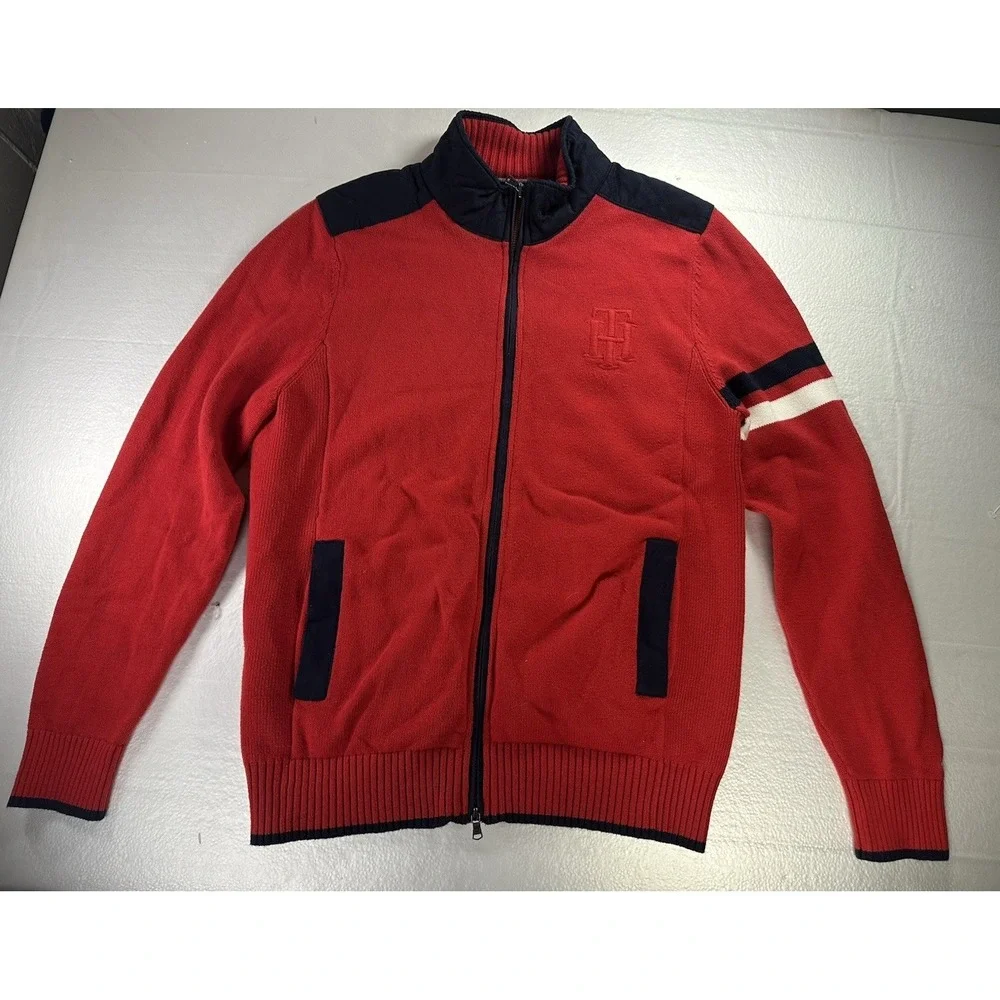 VTG Tommy Hilfiger 1/4 Zip Mens Largeee Sweater Pullover Red Embroidered Fleece